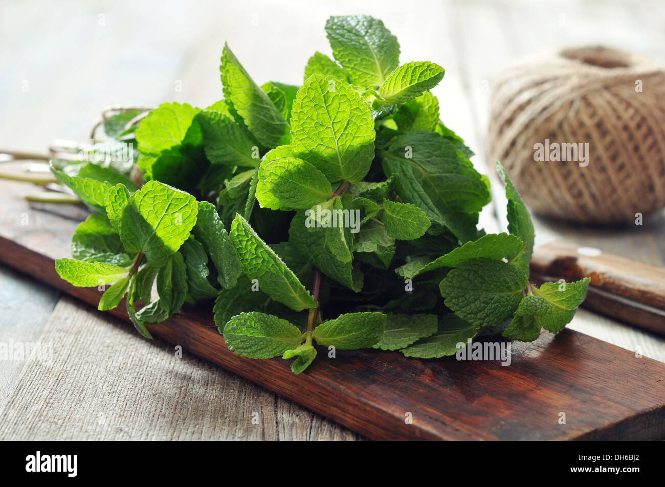 Green mint leaves with lime on wooden background Stock Photo