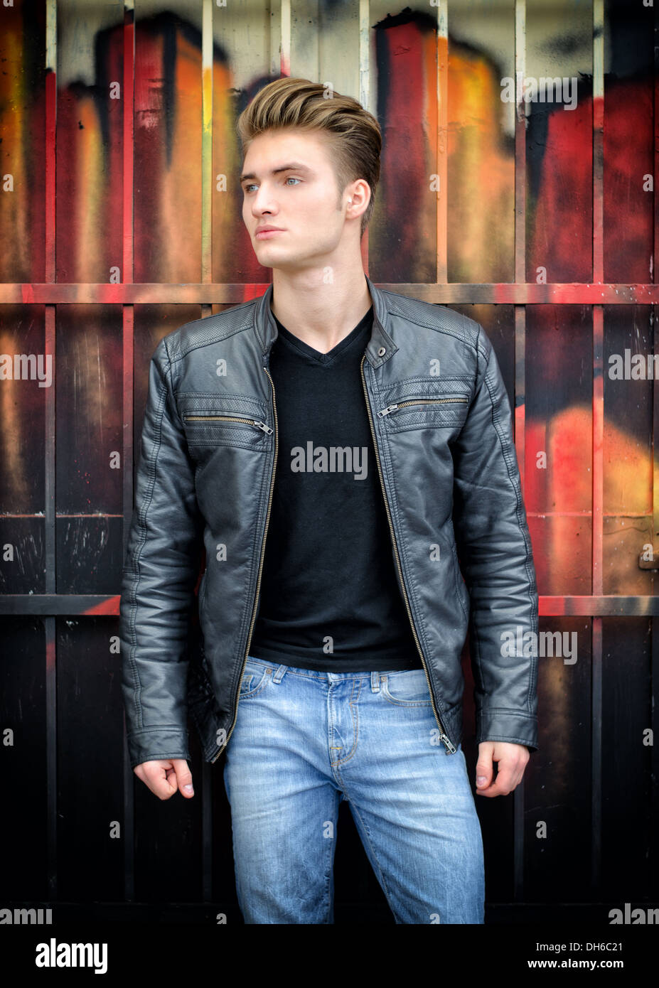 Man black shirt black leather jacket hi-res stock photography and images -  Alamy