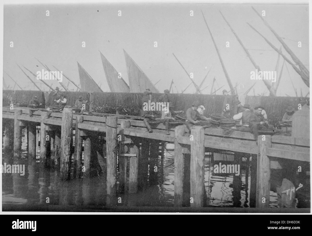 Photograph of Italian Fishermen Mending Nets on a Wharf in San Francisco, California Harbor, ca. 1891 - ca. 1891 513108 Stock Photo