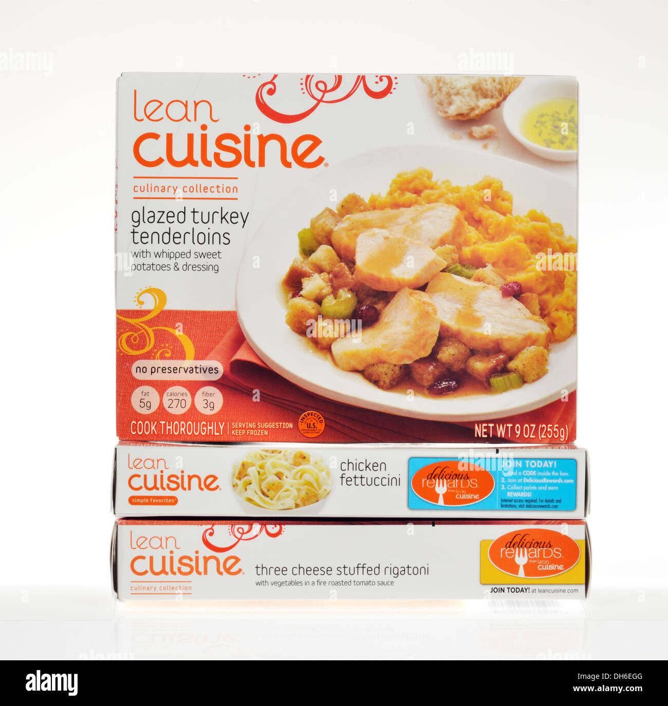 Unopened box of Lean Cuisine glazed turkey tenderloins frozen dinner entree on white background, cutout. USA Stock Photo