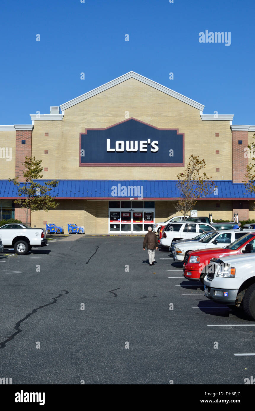 Exterior of Lowe's  Home Improvement store with blue sky. USA Stock Photo