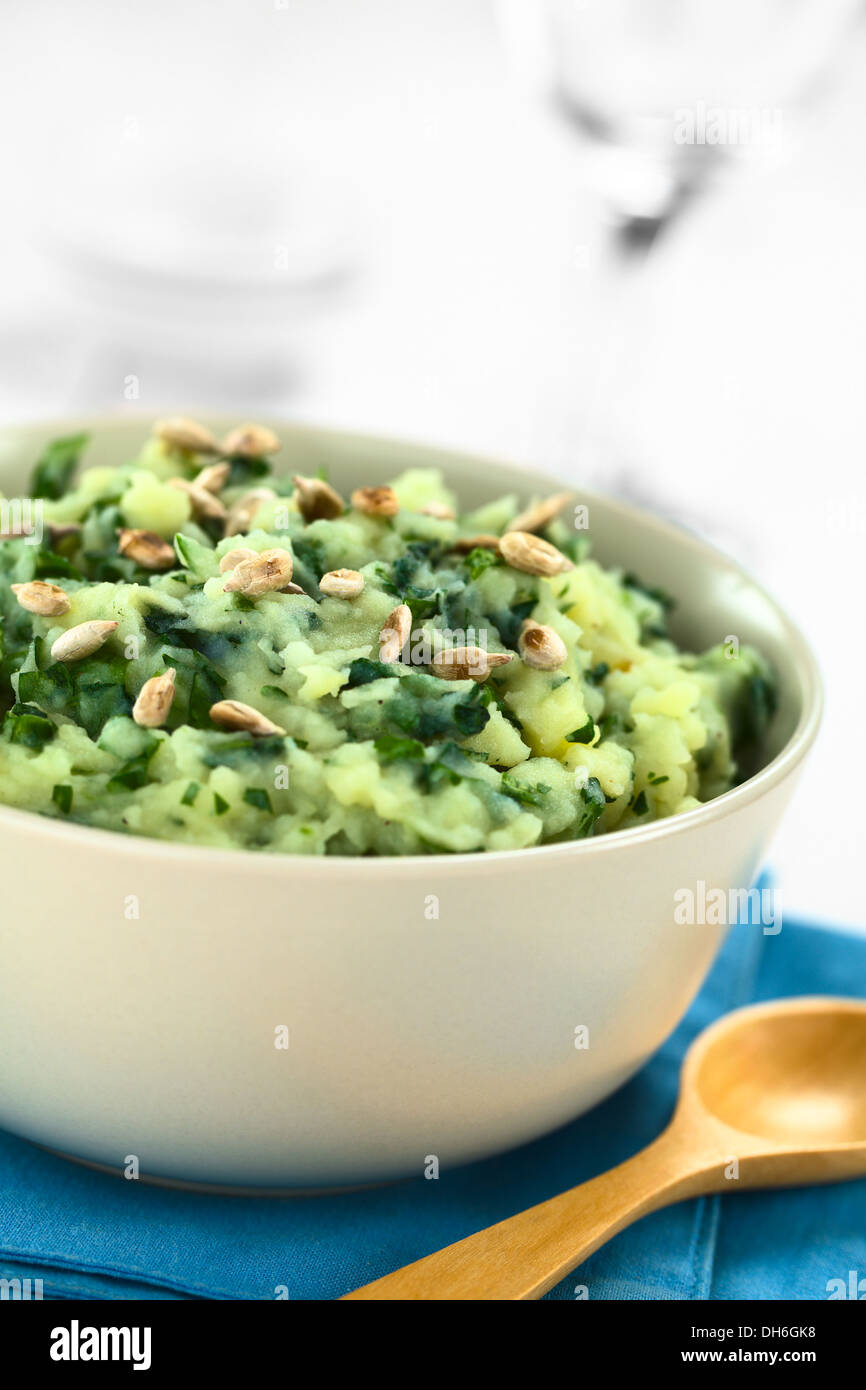 Mashed potatoes with fresh herbs and roasted sunflower seeds in white bowl Stock Photo