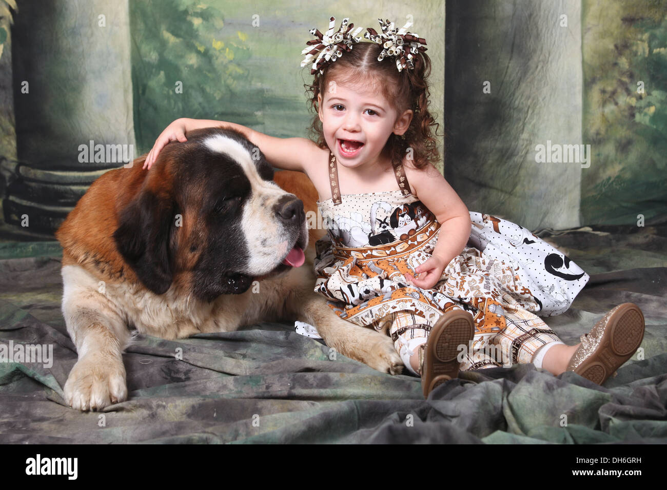 Child and Her Saint Bernard Puppy Dog Stock Photo