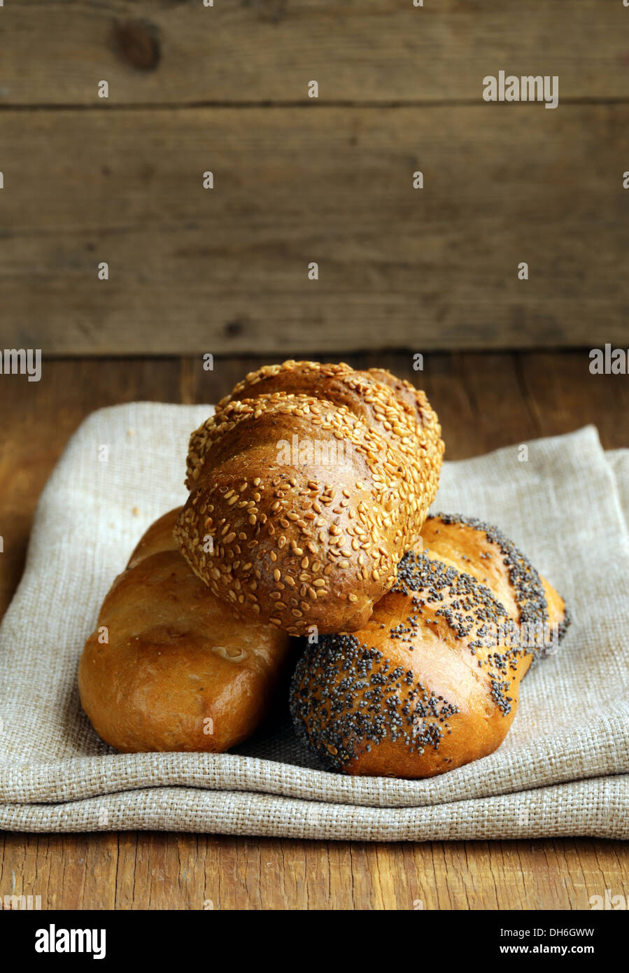 assortment bread (rye, white long loaf, wholegrain cereal bun Stock
