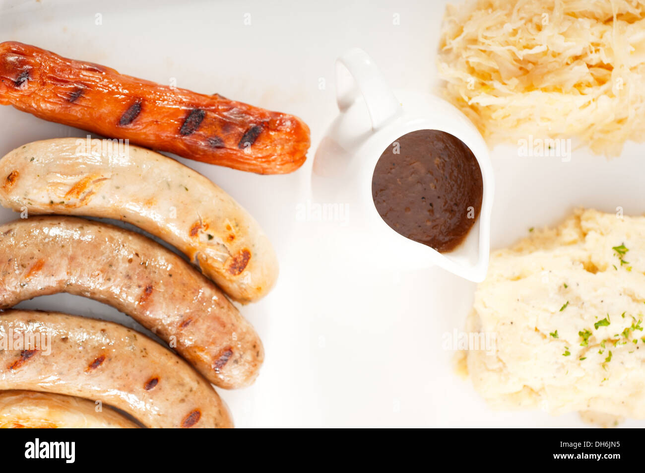 selection of all main type of german wurstel saussages, frankfurter,wiener,bratwurst,Fränkische,Coburger,Kulmbacher, Stock Photo