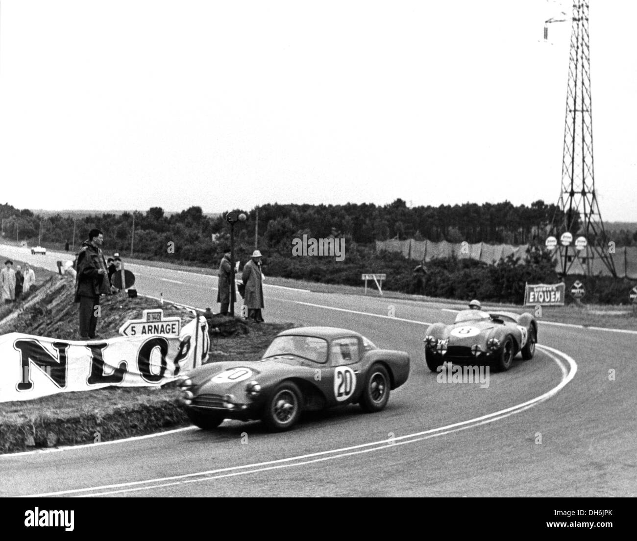 Peter Collins- Prince Bira Aston Martin DB3S Coupe leading the Reg Parnell DB3S at Le Mans, France 1954. Stock Photo