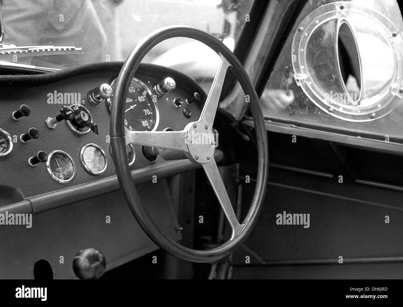 Interior of an Aston Martin DB3S Coupe at Silverstone, England 1954. Stock Photo