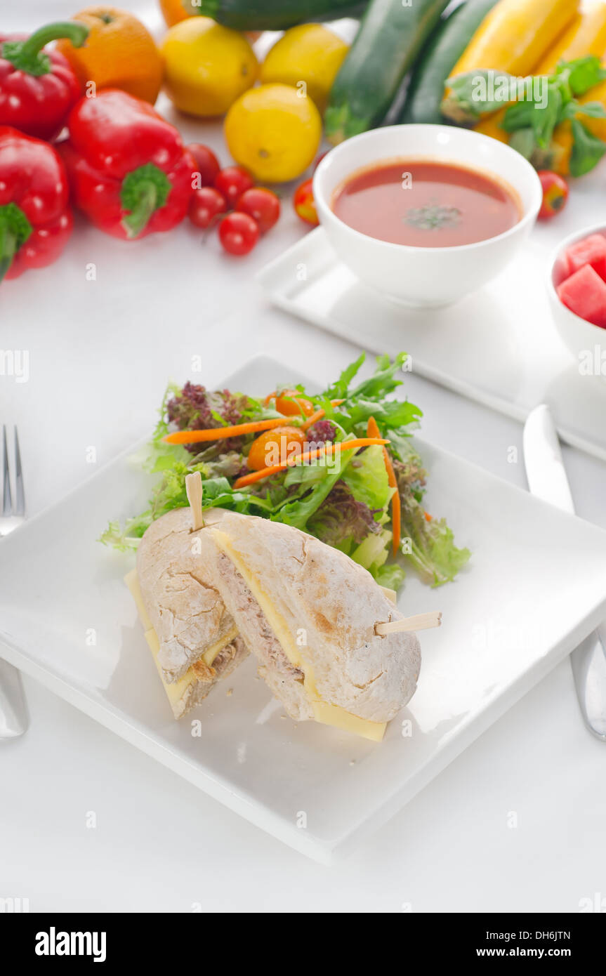 tuna fish and cheese sandwich with fresh mixed salad ,watermelon and