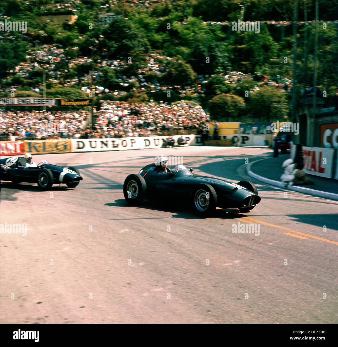 Joakim Bonnier in a BRM P25 leading Maurice Trintignant in the Monaco Grand Prix, 10th May 1959. Stock Photo