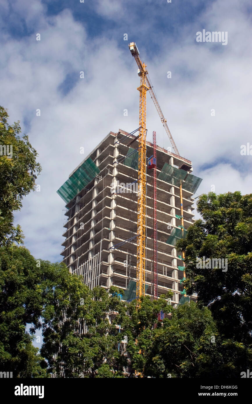 A large and tall crane used to build skyscrapers towers over a