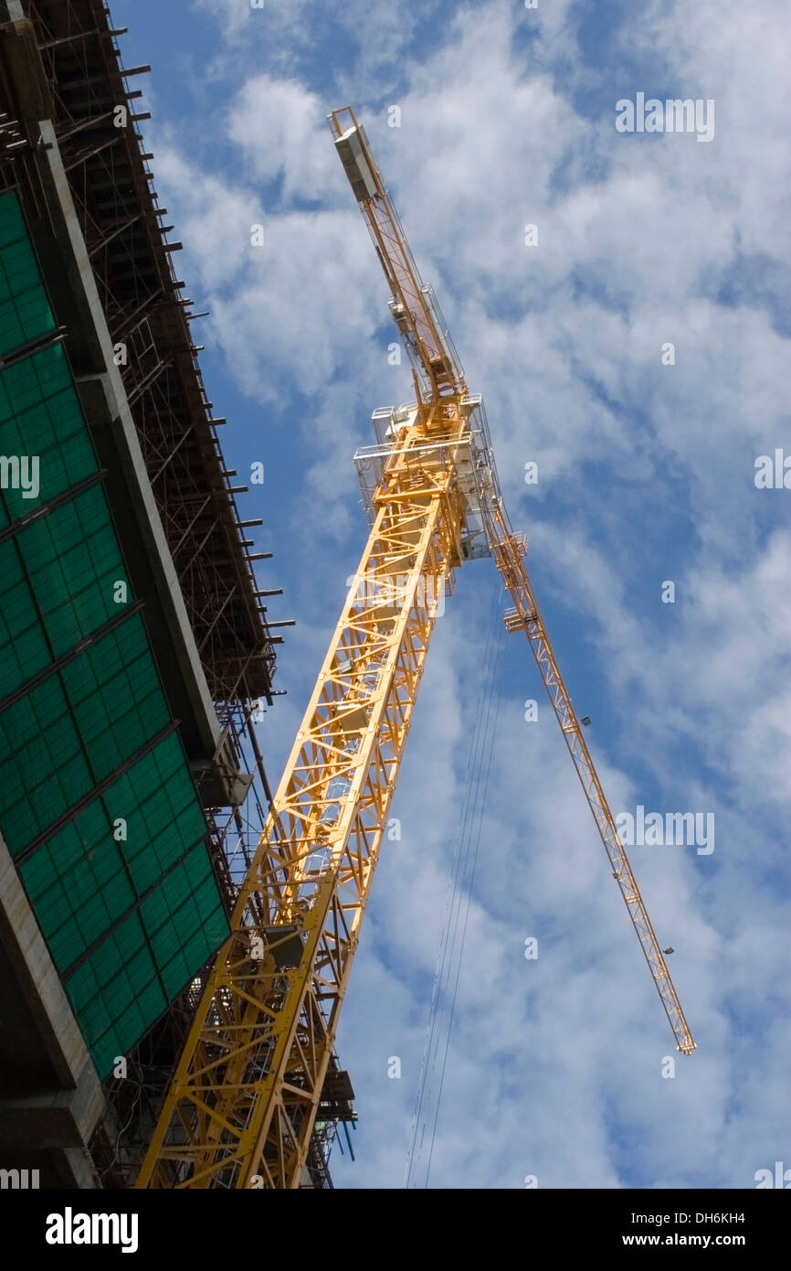 A large and tall crane used to build skyscrapers towers over a