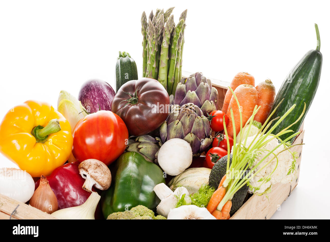 Crate of raw fresh vegetables from the farmers market Stock Photo