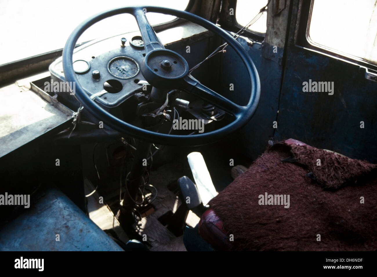 interior of drivers cab in a dilapidated bus in khajuraho madhya pradesh india Stock Photo