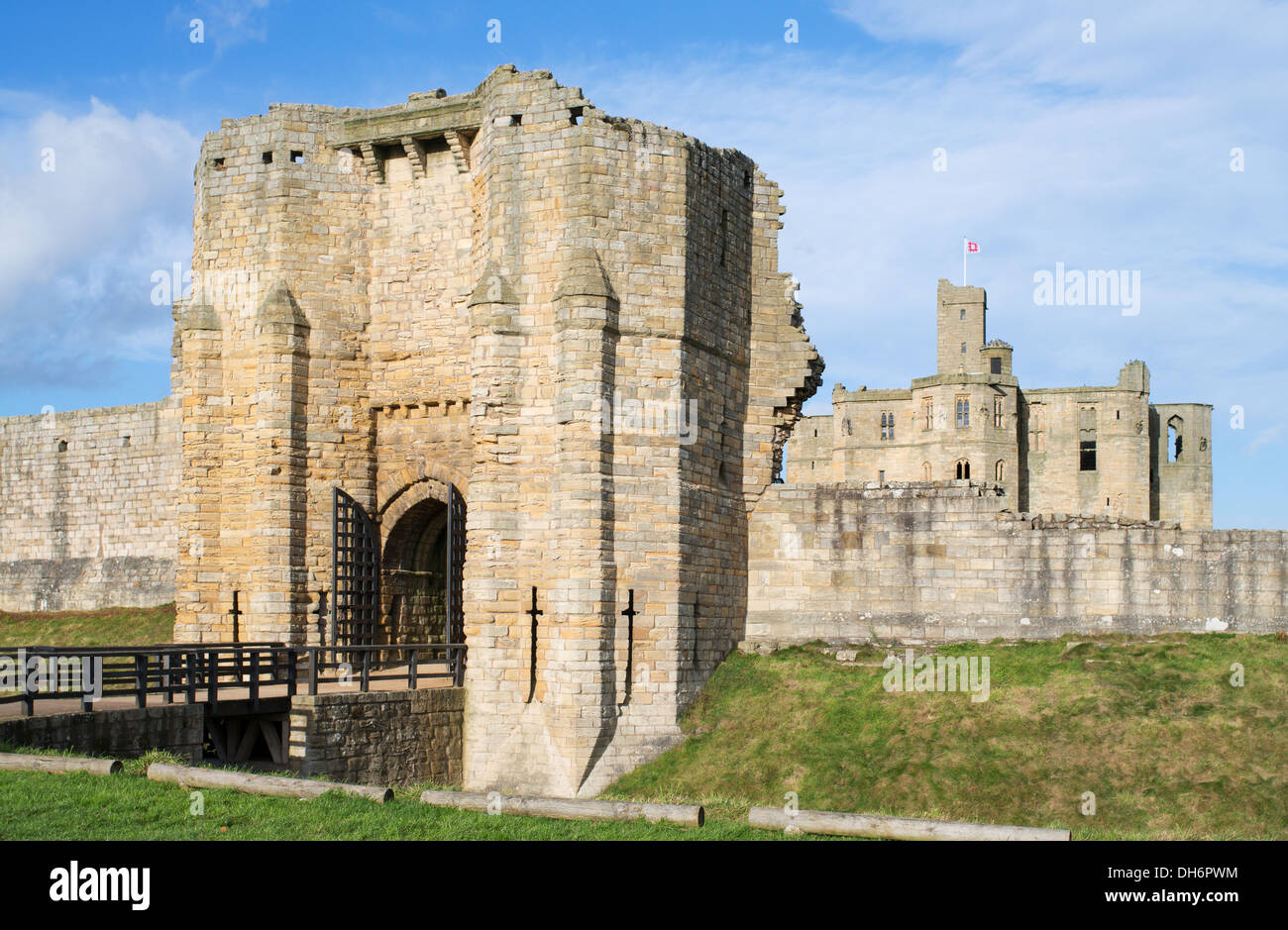 Main gate to the ruined medieval Warkworth Castle, Northumberland, England, UK Stock Photo