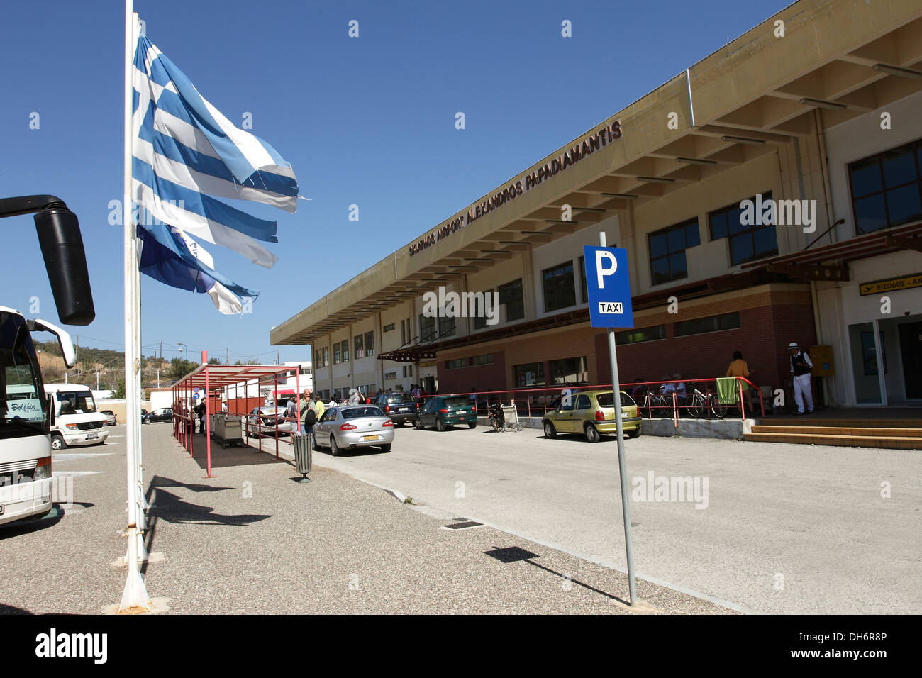 Alexandros Papadiamantis Airport on the Greek Island of Skiathos,a popular tourist destination in the Aegean Sea. Stock Photo