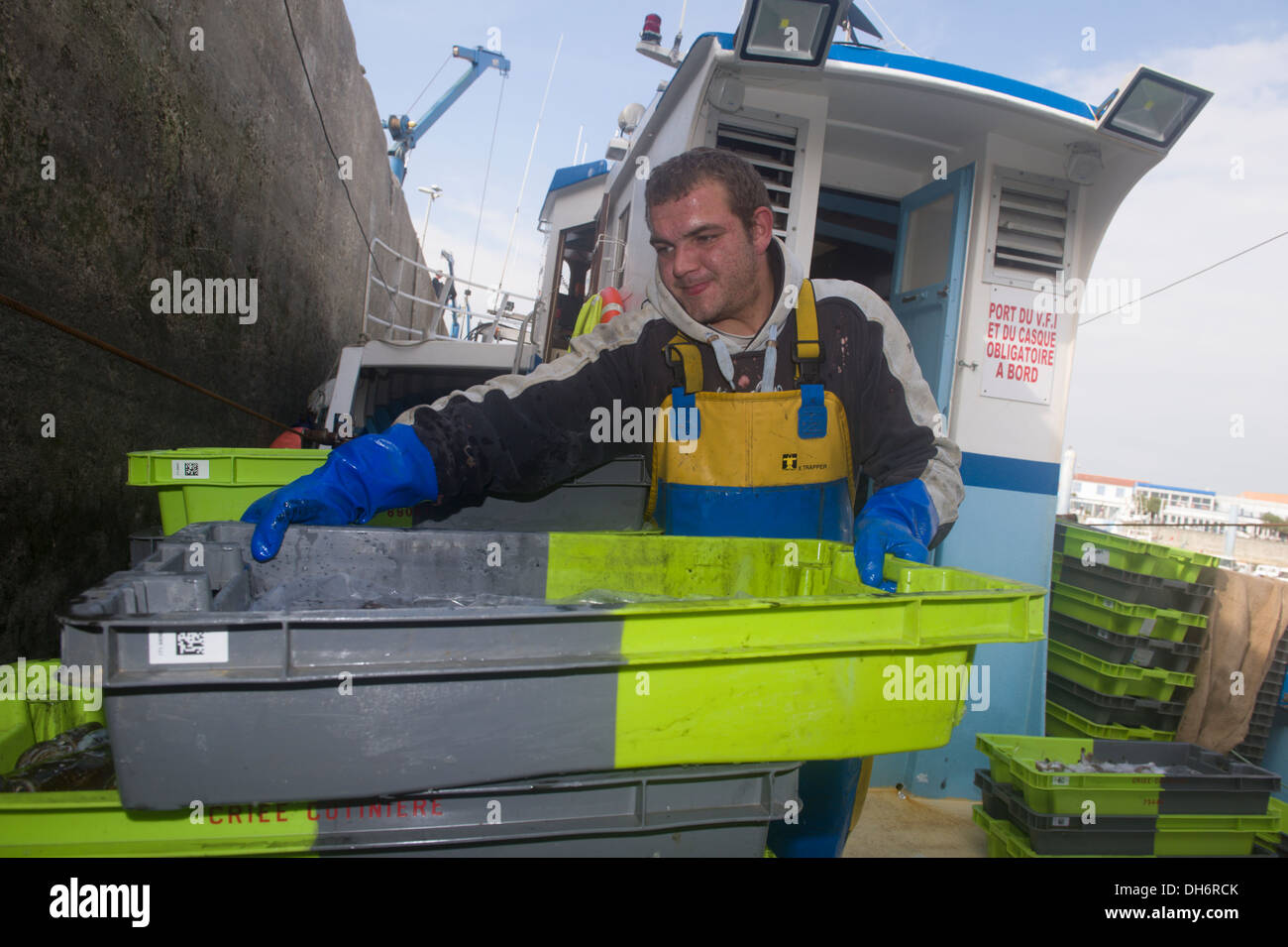 At the harbor dock, a fisherman is pilling boxes filled with fishes Stock Photo