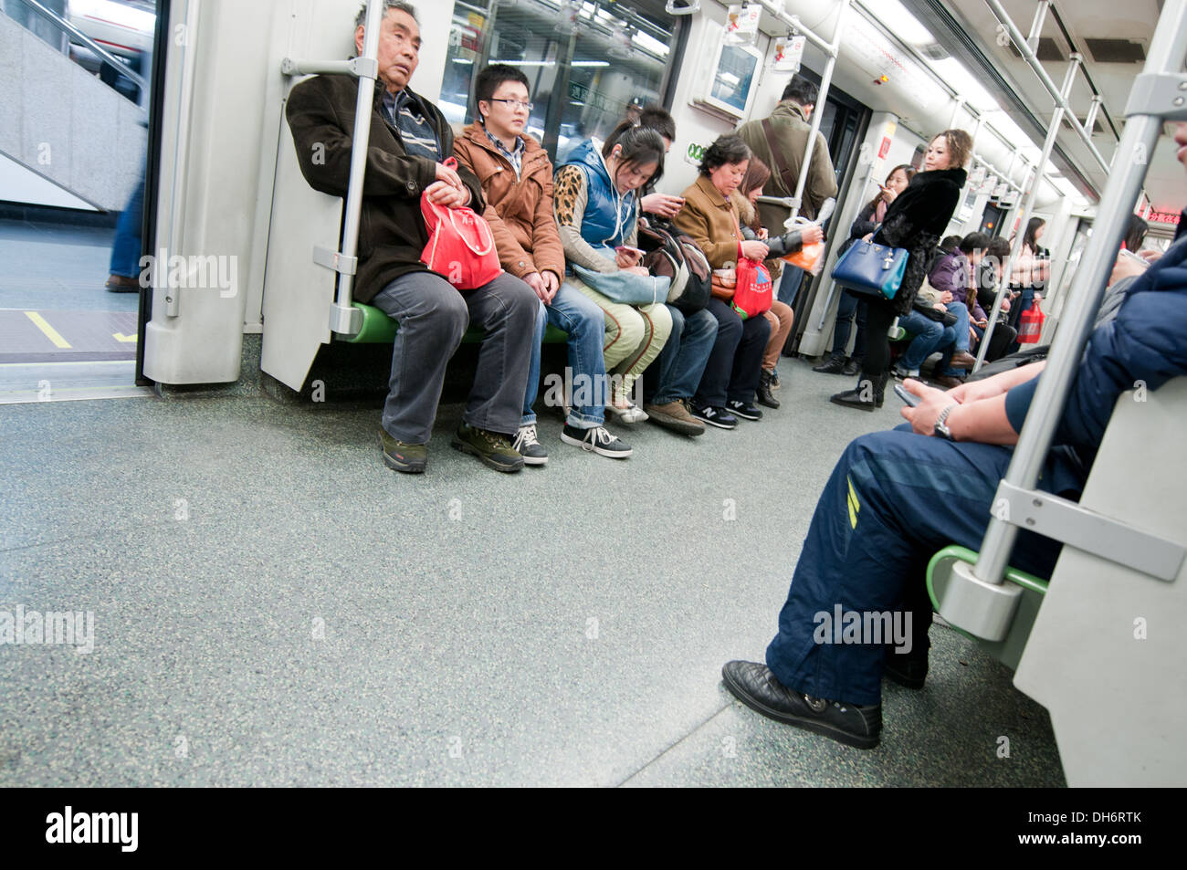 inside metro train in Shanghai, China Stock Photo