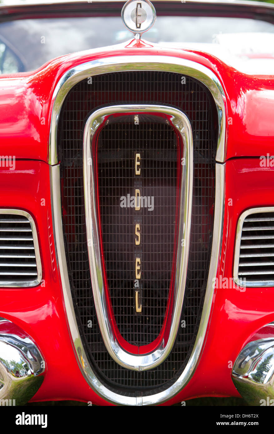 Classic American Custom Car, seen at Show and Shine in Granum Alberta, red Ford Edsel Stock Photo
