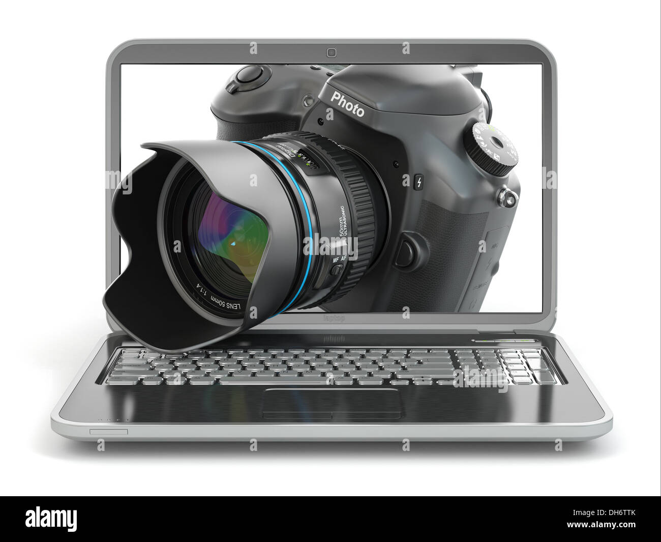 Digital photo camera and laptop. Journalist or traveler equipment. 3d Stock Photo