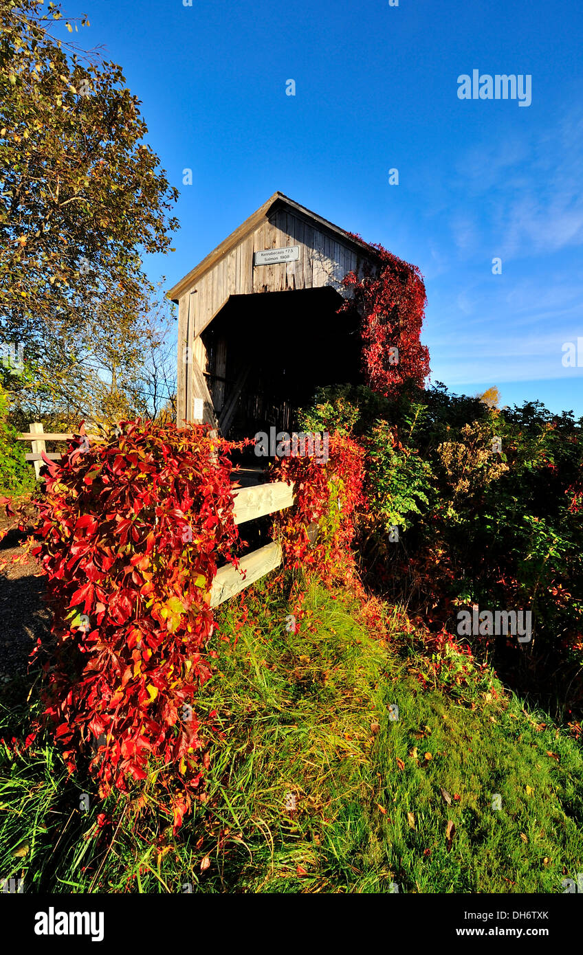 A wooden covered bridge built in 1908 crossing the Salmon river at Smith Creek near Sussex New