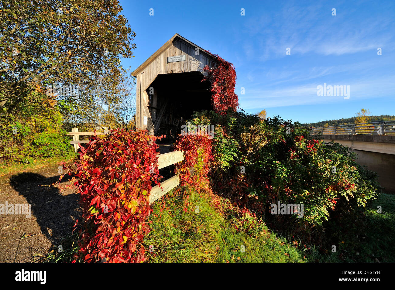 A wooden covered bridge built in 1908 crossing the Salmon river at Smith Creek near Sussex New
