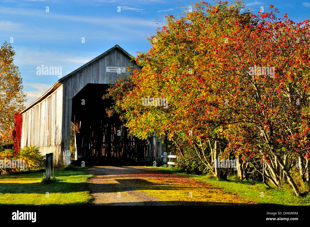 A wooden covered bridge built in 1908 crossing the Salmon river at Smith Creek near Sussex New