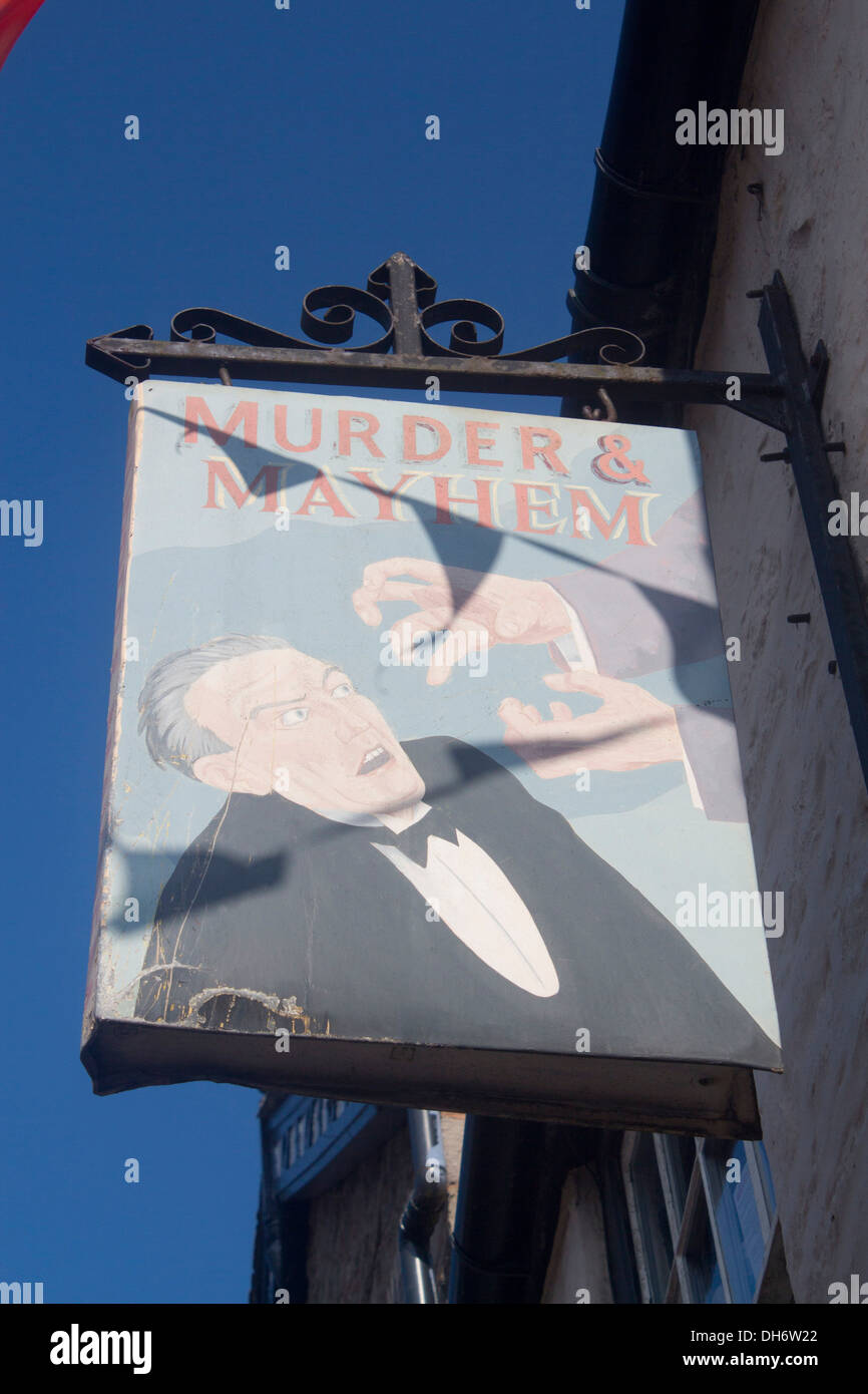 Hay-on-Wye Murder and Mayhem crime book shop sign Powys South Wales UK Stock Photo