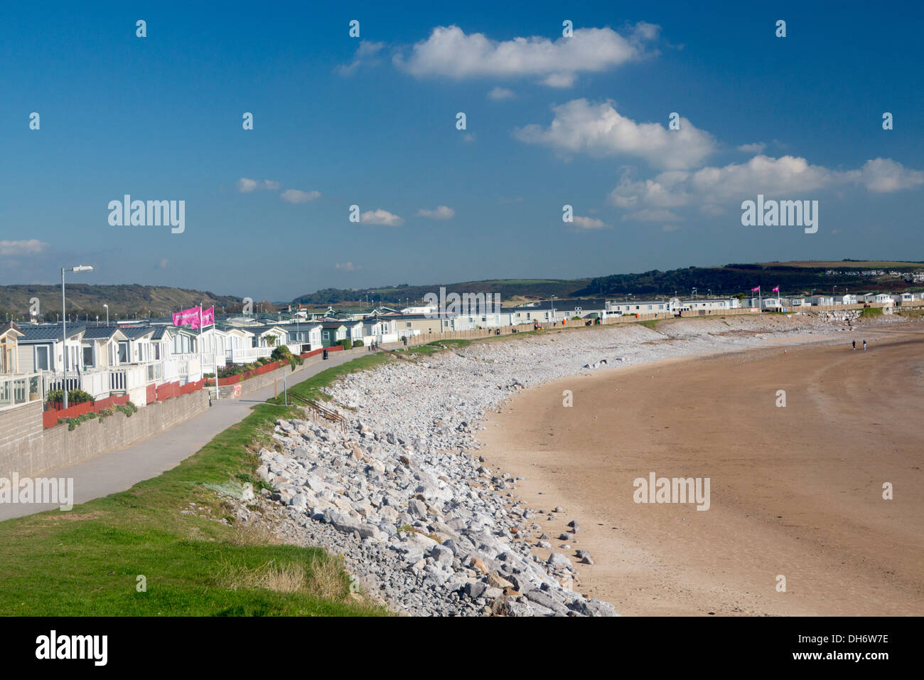 Trecco Bay beach and holiday park mobile homes and caravans along shore