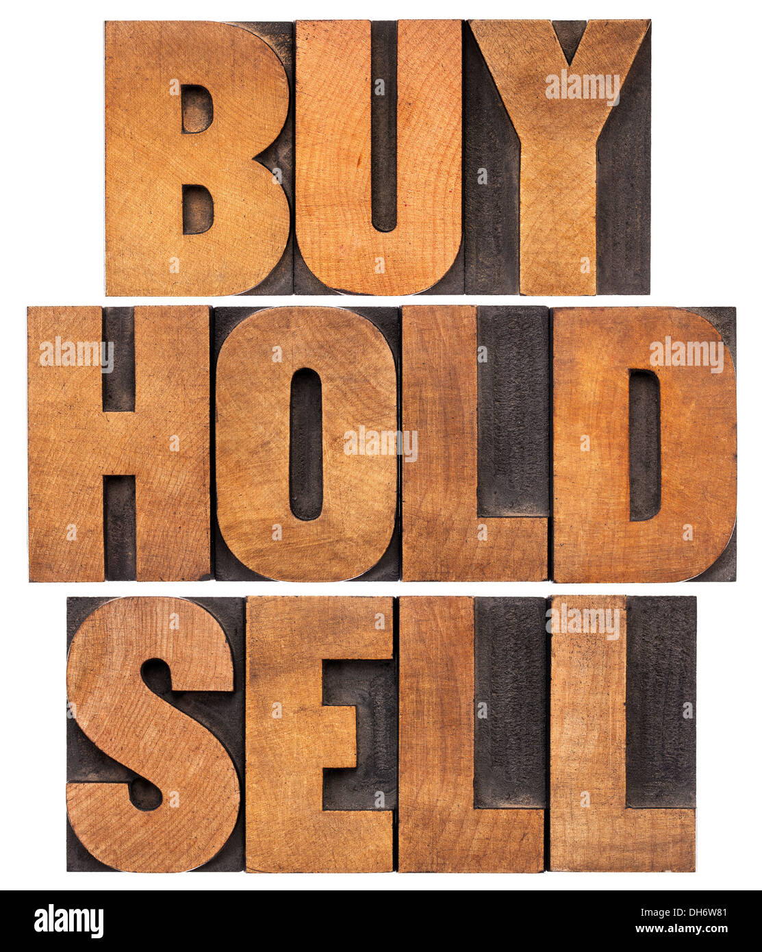 buy, hold, sell - investing concept - isolated words in vintage letterpress wood type Stock Photo