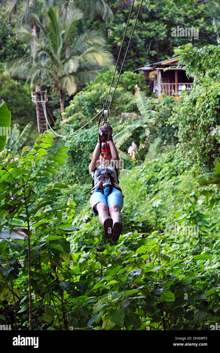 Female Ziplining through forest, near Utuado, Puerto Rico Stock Photo
