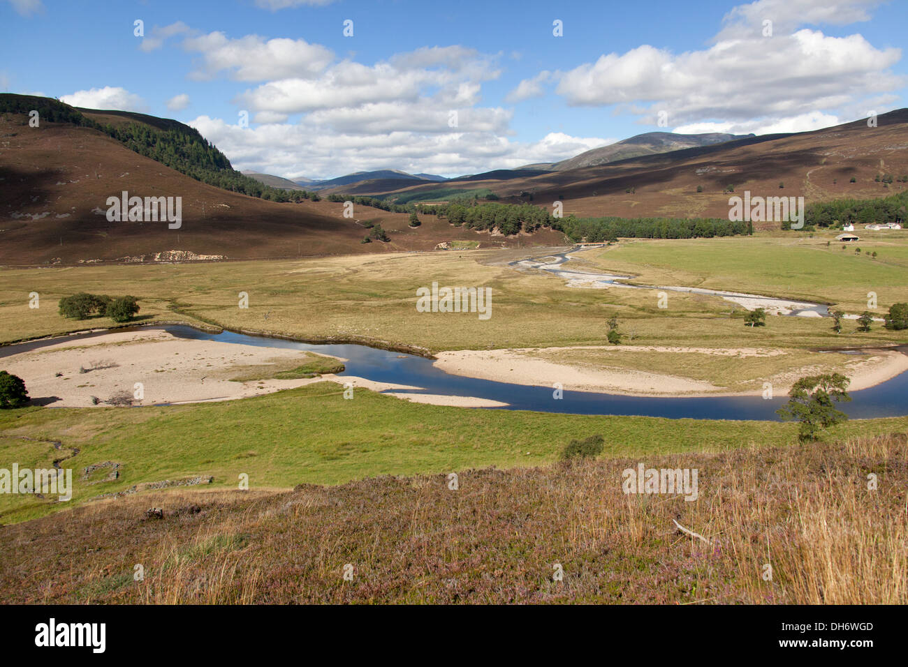 Area of Braemar, Scotland. Scenic view of the River Dee and Mar Lodge Estate with the River Quoich on the right. Stock Photo