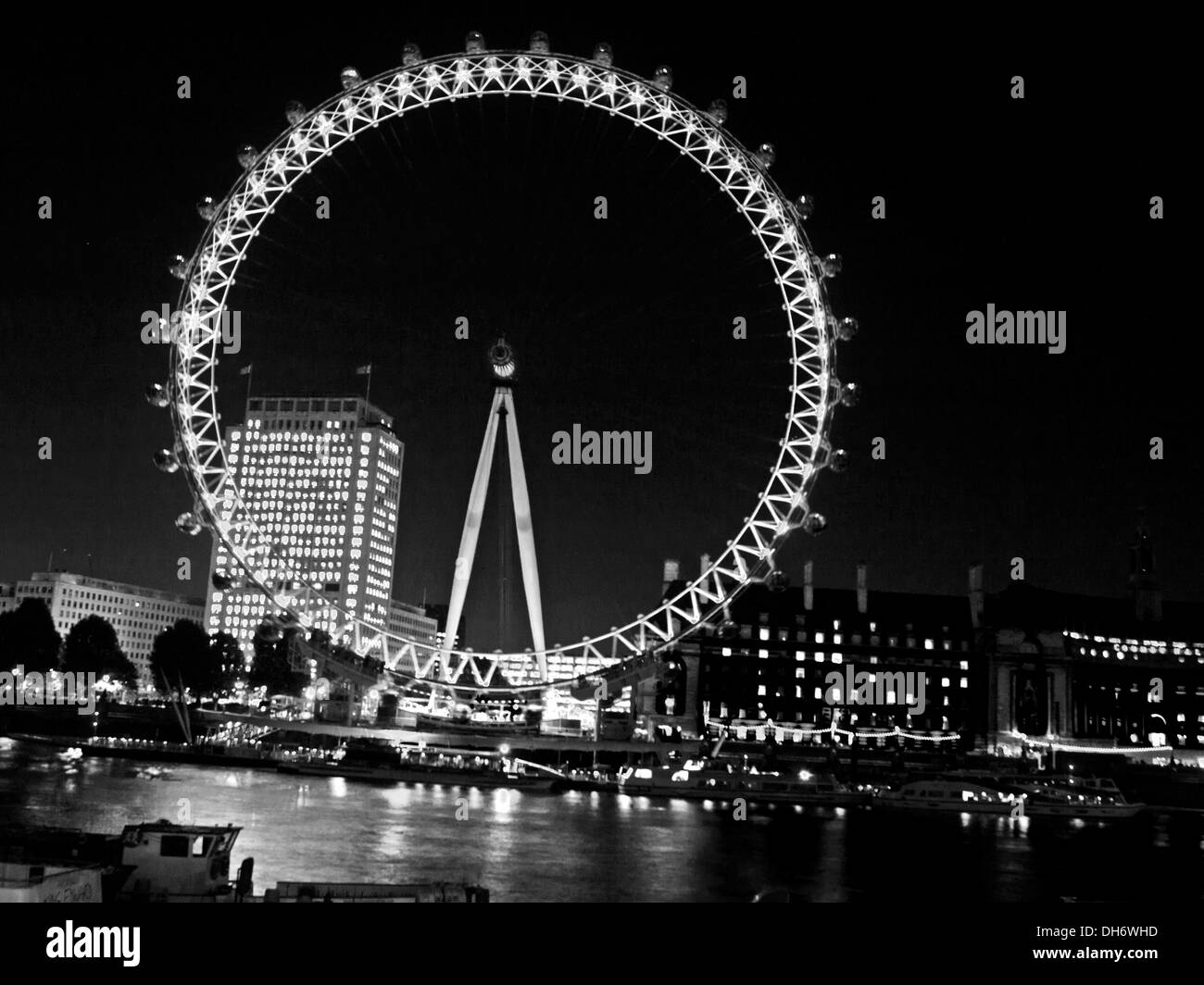 The London Eye and River Thames at night, City of Westminster, London, England, United Kingdom Stock Photo