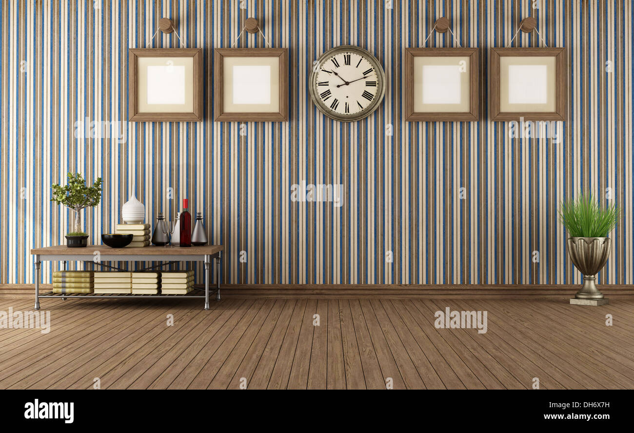 Empty vintage room with retro objects and wallpaper- rendering Stock Photo