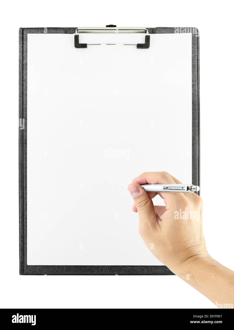 hand with pen writing on clipboard on white background Stock Photo - Alamy