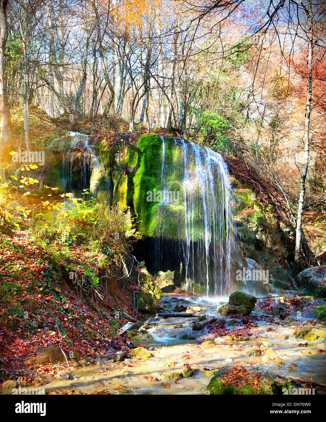 Beautiful waterfall Silver Jets at sunlight in autumn Stock Photo
