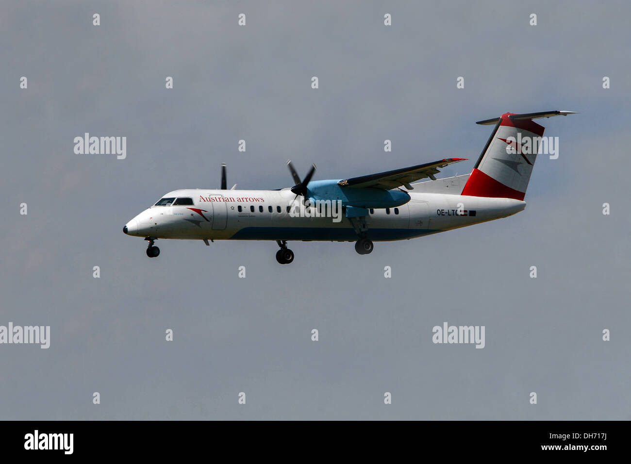 Austrian Arrows De Havilland Canada DHC-8 Dash 8, Aircraft landing at Prague Ruzyne Airport. Stock Photo