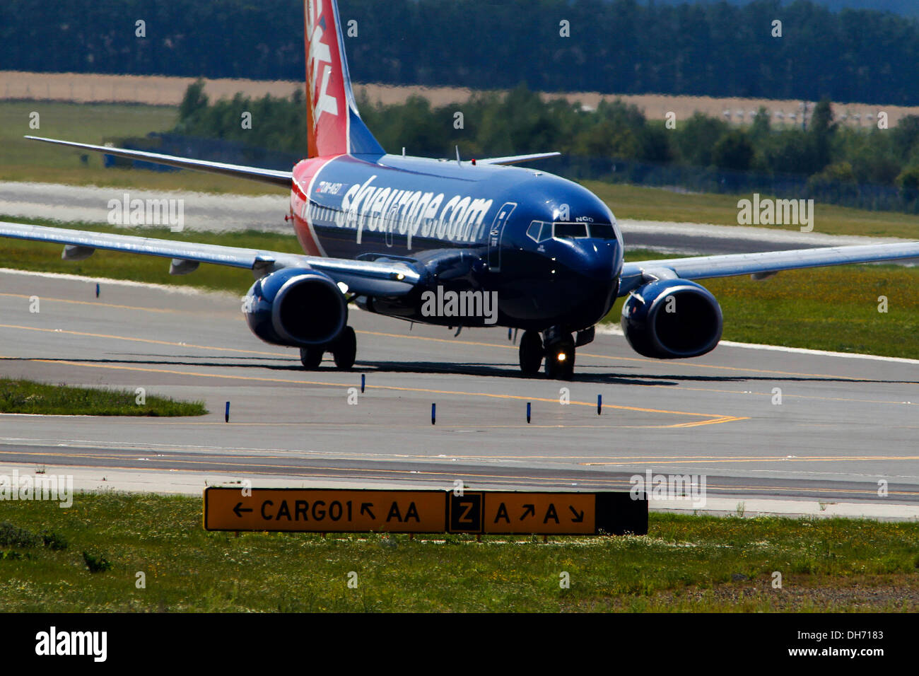 Aircraft SkyEurope plane landing at Prague Ruzyne Airport. Stock Photo