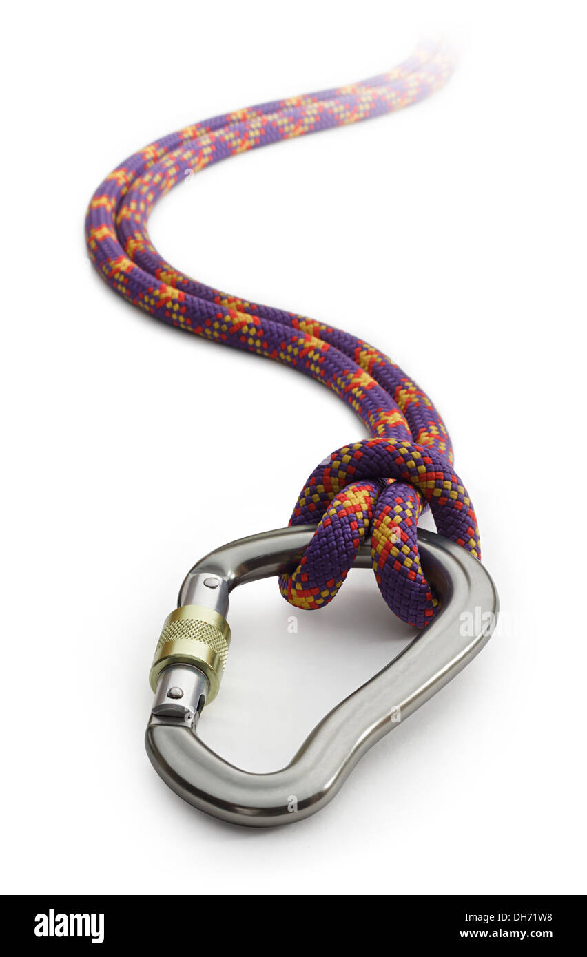 karabiner tied to climbing rope and fading into the distance Stock Photo