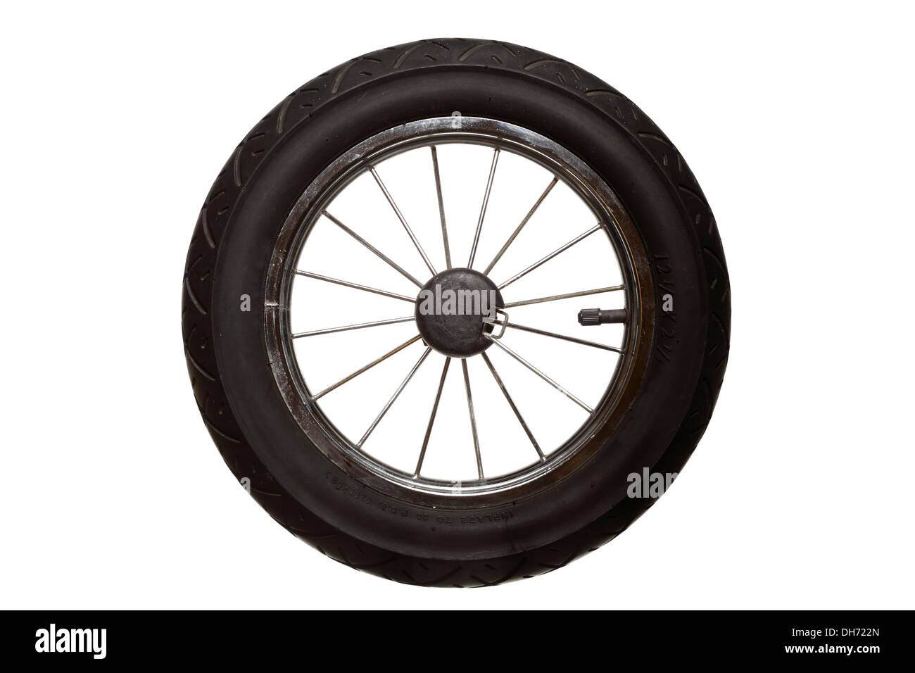 Old rubber wheel of baby pram carriage isolated on white background