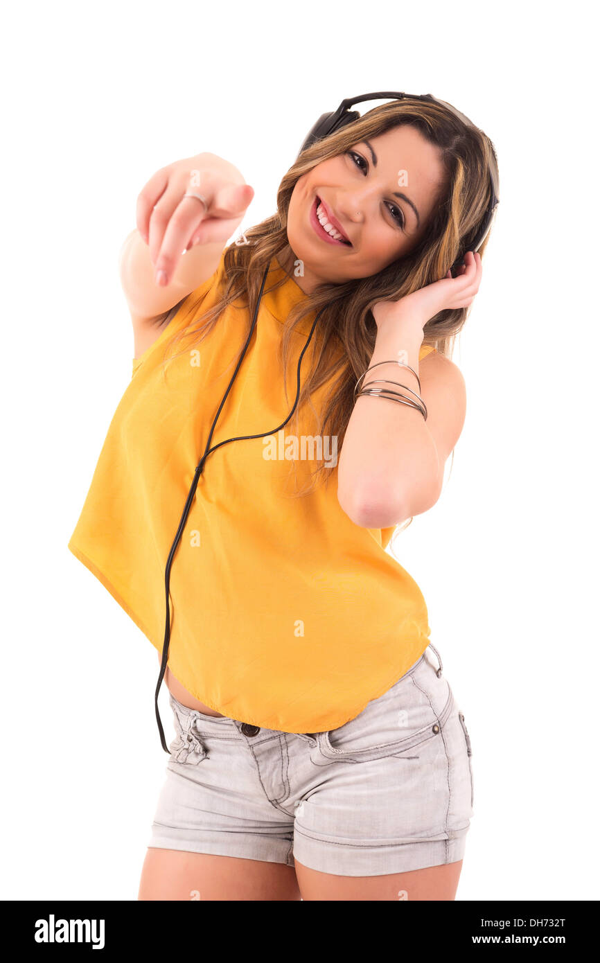 Happy young woman listening to music Stock Photo - Alamy