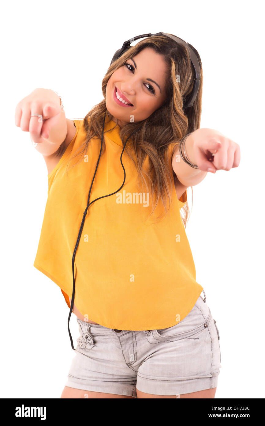 Happy young woman listening to music Stock Photo - Alamy