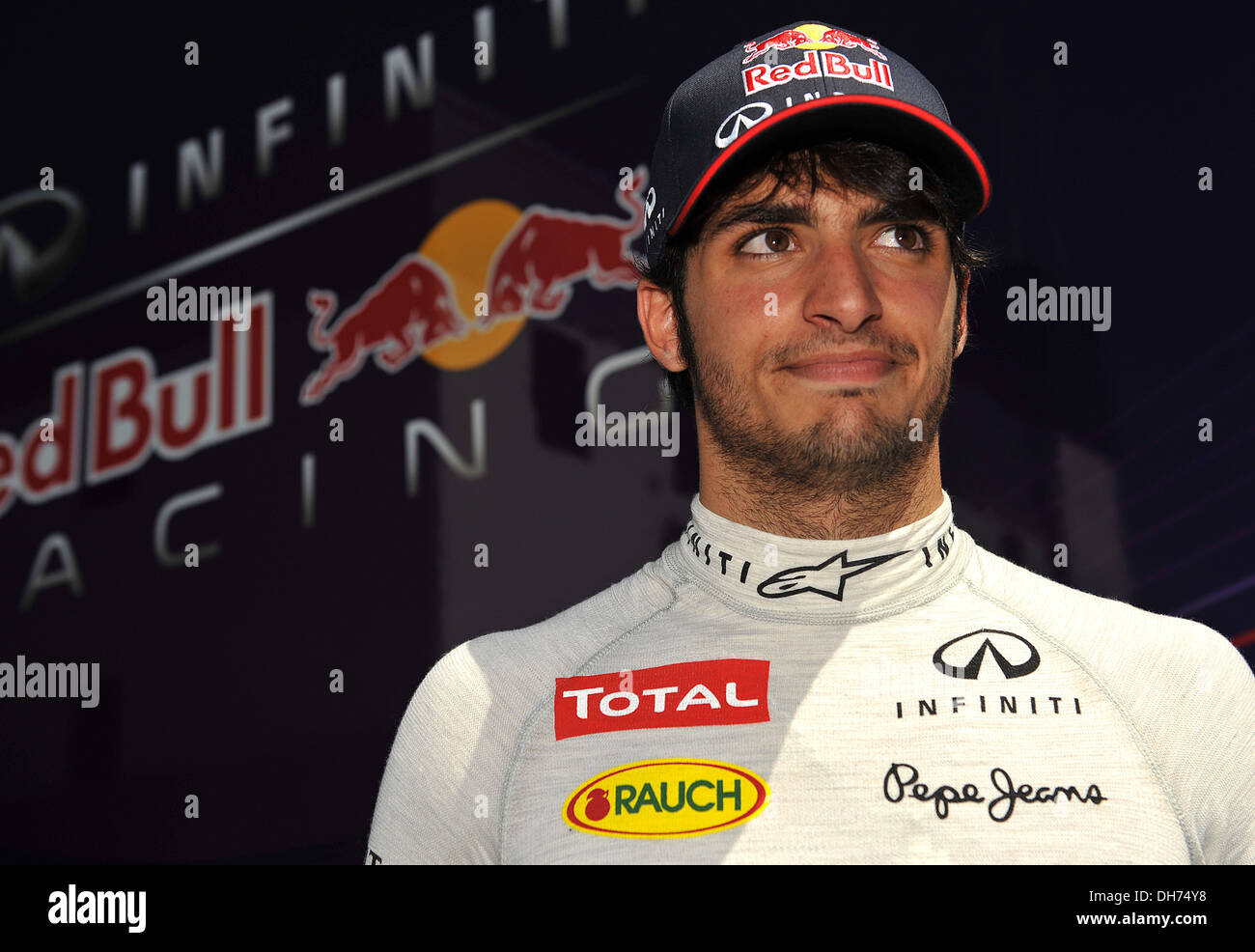 Carlos Sainz Jnr of Red Bull Racing conducting interviews after his run out  in the Red Bull during the 3rd day of the F1 test Stock Photo - Alamy