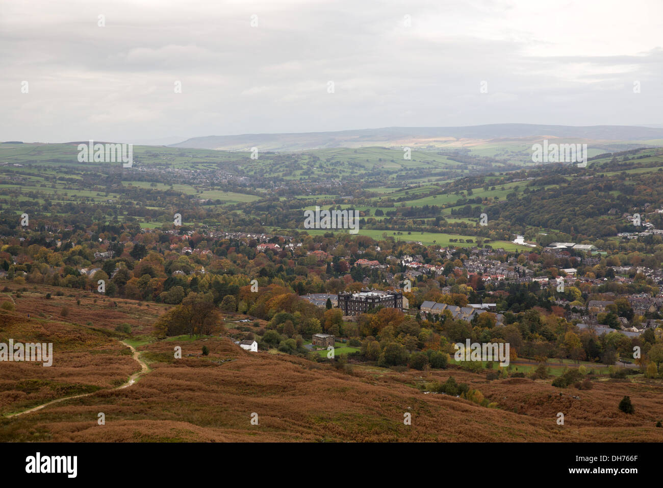 The view of Ilkley town in Yorkshire taken from the top of Ilkley Moor