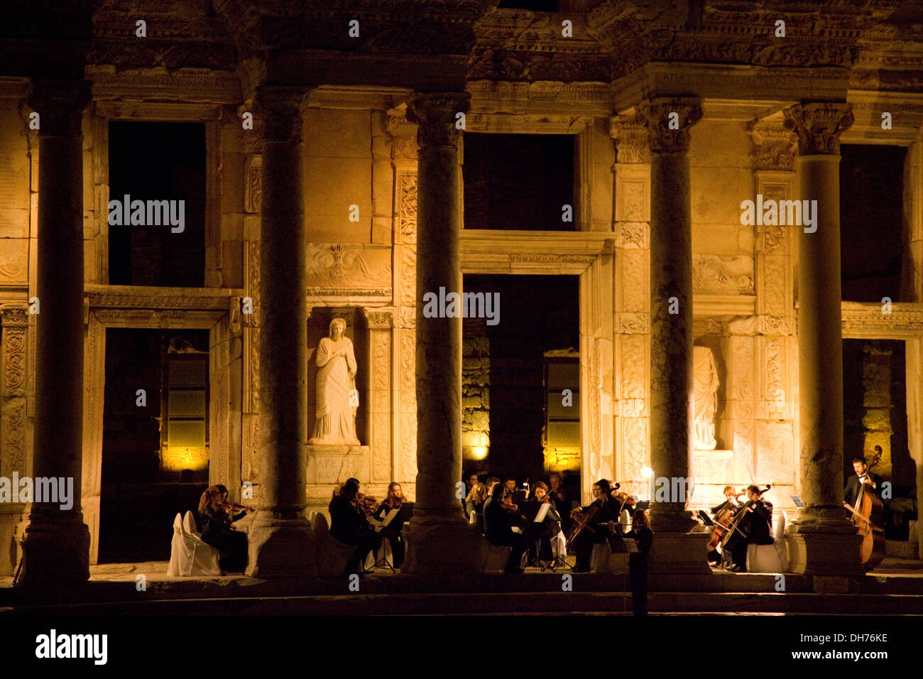 Chamber music playing on the steps of the Library, Ephesus, Turkey. Stock Photo