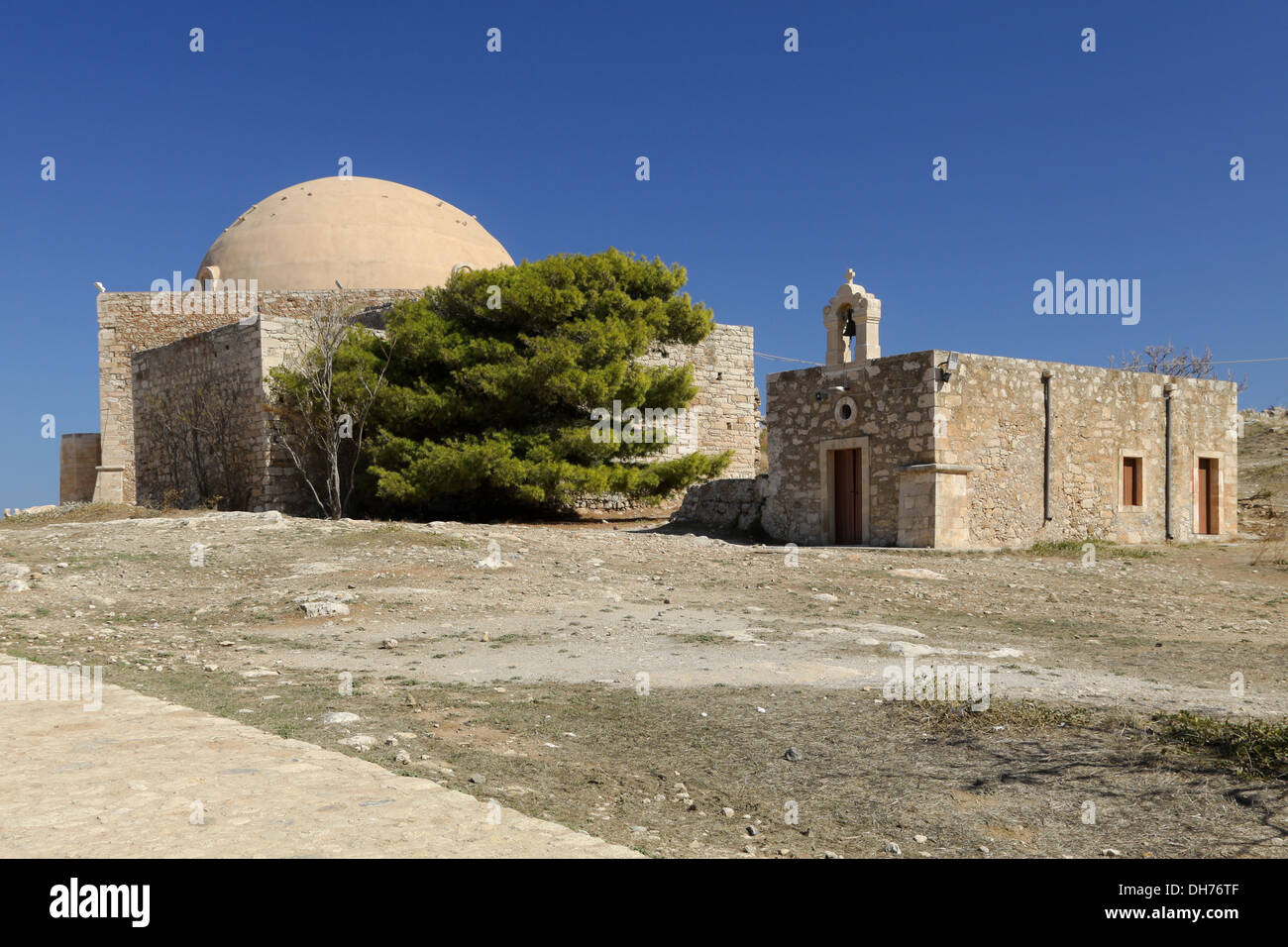 Mosque of Sultan Ibrahim Han and chapel inside The Venetian Fort, Palekastro, Rethymno region, on the island of Crete, Greece. Stock Photo