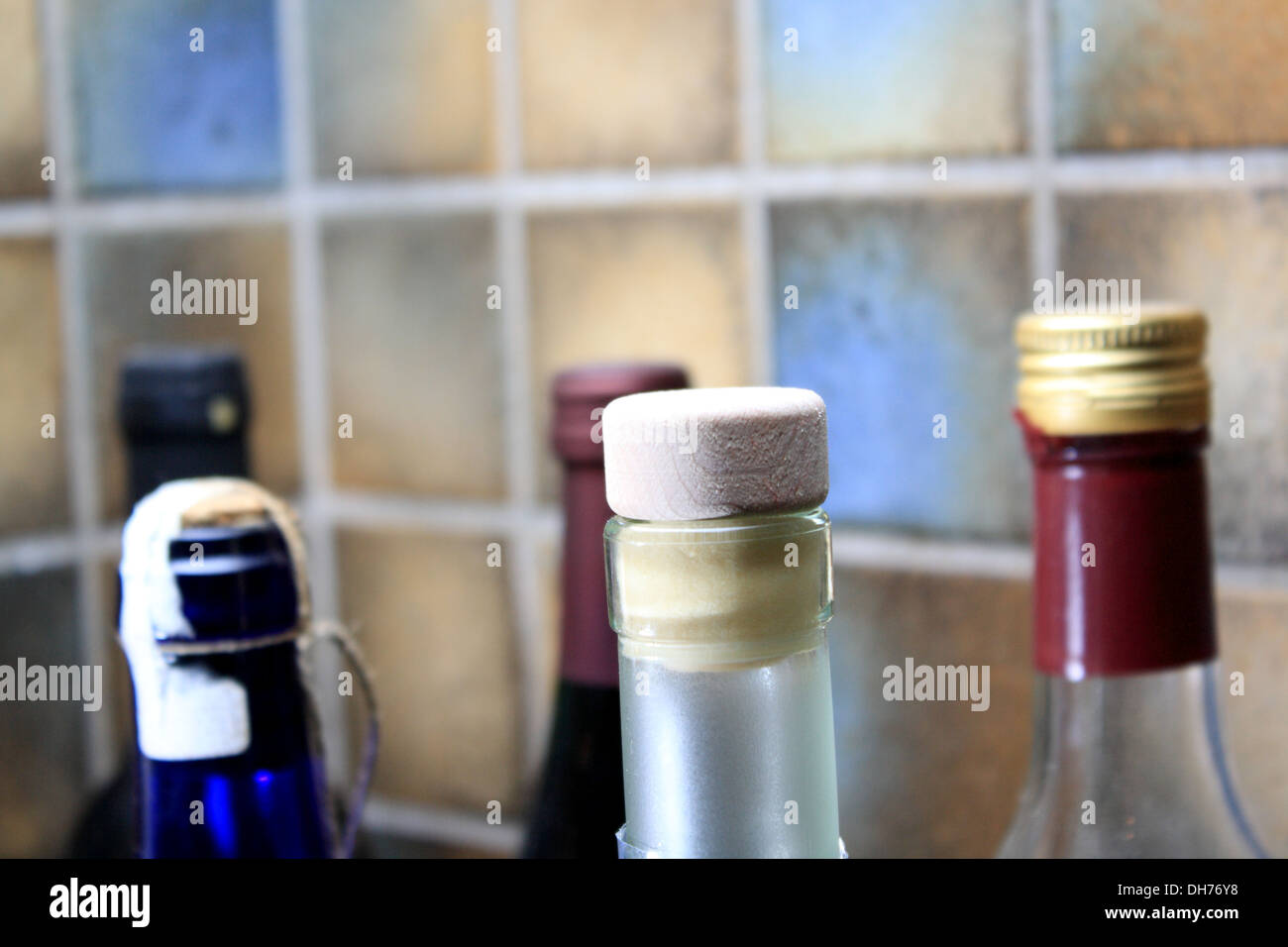 Bottles neck in a kitchen Stock Photo