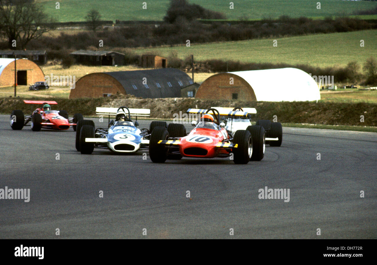Two Brabham BT30s in XXV BARC 200 Wills Trophy, No10 John Watson and No5 Peter Westbury at Thruxton, England 30 March 1970. Stock Photo