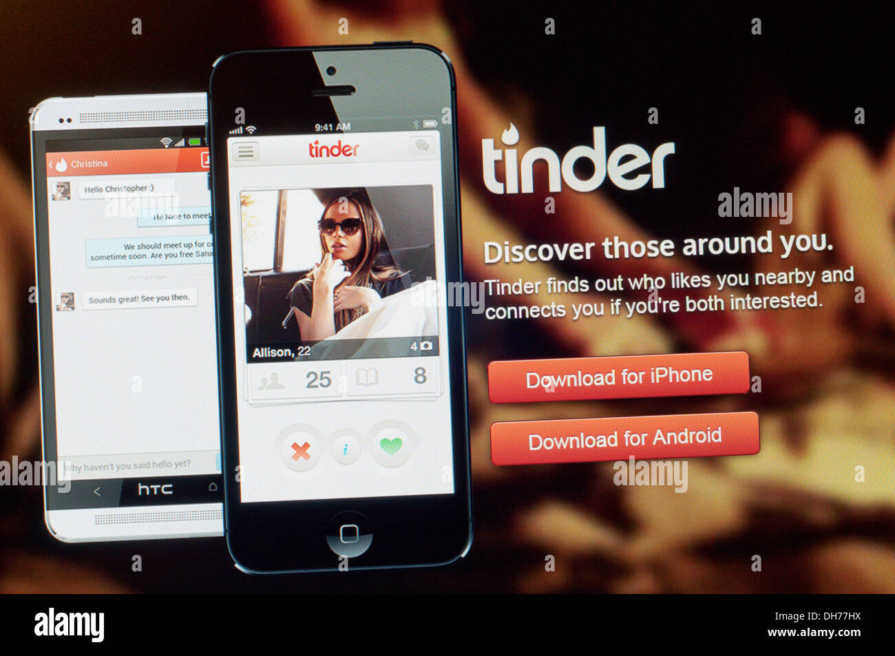 The website of Tinder, an online dating app. Stock Photo