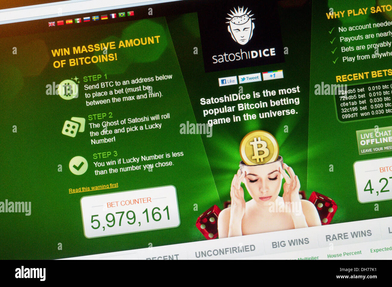 The home page pf the SatoshiDice Bitcoin betting web site. Stock Photo
