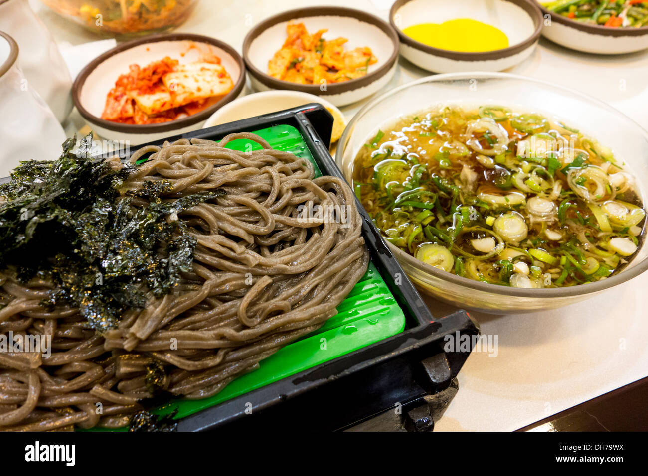 Memil guksu or soba (buckwheat noodle) with dipping sauce Stock Photo